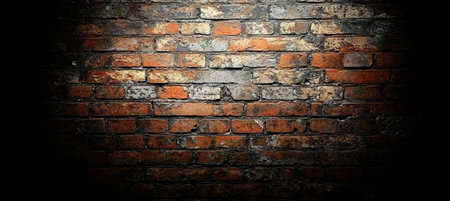 Eroded Vintage Brick Wall Texture with Harsh Shadows and Early 20th Century Architectural Blocksの素材