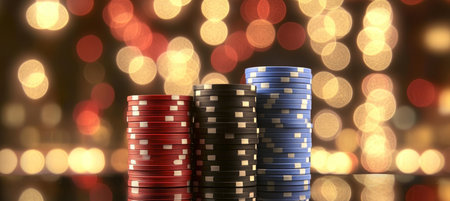 Stacks of Colorful Casino Chips Surrounded by Bright Illumination in a High Stakes Poker Game Sceneの素材