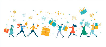 Joyful holiday celebration with families at a vibrant fun fair, exchanging gifts and ornamentsの素材