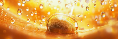 Close-up of Luxurious Gold Serum Droplet on Skin, Moisturizing Essence for Radiant Beauty and Careの素材