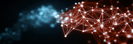 Intricate Red Polygonal Structure with Glowing Dots, Symbolizing Data Connections and Technologyの素材