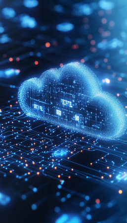 Futuristic Cloud with Interconnected Digital Nodes Representing Global Data Storage and Connectivityの素材