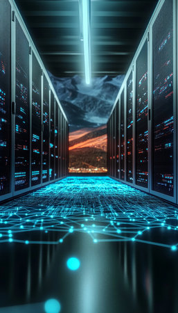 Futuristic Data Center with Networked Servers and Advanced Storage Solutions in Digital Landscapeの素材