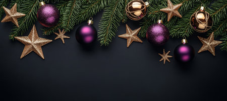 Charming Christmas Decor with Fir Branches, Stars, and Purple Ornaments on a Black Backgroundの素材