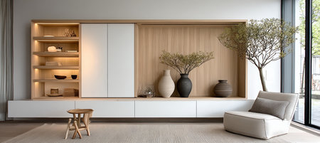 Elegant Modern Minimal Lifestyle Interior Design Featuring Cozy Comfort Elements and Light Colorsの素材