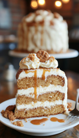 Delicious Layer Cake Slice Topped with Cookies and Drizzled with Caramel Sauce, A Sweet Treatの素材