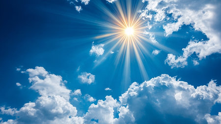 A Serene Blue Sky Filled with Fluffy White Clouds and Radiant Sunlight Creating Peaceful Atmosphereの素材