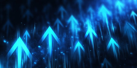 Dynamic Digital Transformation Ascending Arrows and Light Bursts in a Futuristic Tech Backgroundの素材