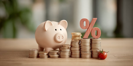 Creative Stock Image of a Piggy Bank Surrounded by Growing Percentage Signs and Coins on Deskの素材