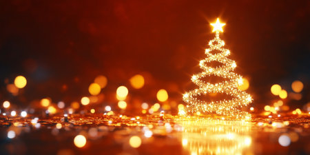 Festive Holiday Cheer with Sparkling Lights and Beautiful Christmas Tree Design Elements on Brownの素材
