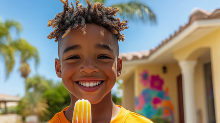 Happy kid enjoying a refreshing summer treat with vibrant popsicles under a bright sunny skyの素材