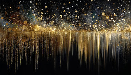 Golden Rain Falling on Black Surface with Glowing Dots Creating Shimmering Elegance and Depthの素材