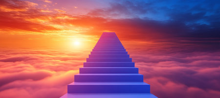 Majestic Stairway Reaching Towards the Sky, Leading to Dreamy Clouds and a Beautiful Sunset Viewの素材