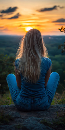 A Young Brunette Female Relaxing on a Sunset Hilltop, Enjoying Nature in a Scenic Countryside Viewの素材