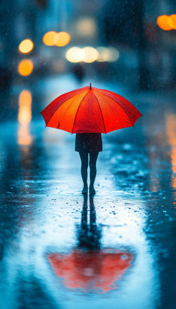 Person Holding a Bright Red Umbrella Stands in the Rain on a City Street with Stunning Reflectionsの素材