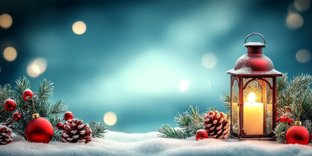 Warm Christmas Eve Atmosphere With Lanterns, Burning Candles, Fir Branches, and Blurred Lightsの素材