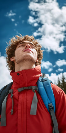 Young adventurous man with backpack enjoying the fresh air and blue sky while exploring natureの素材