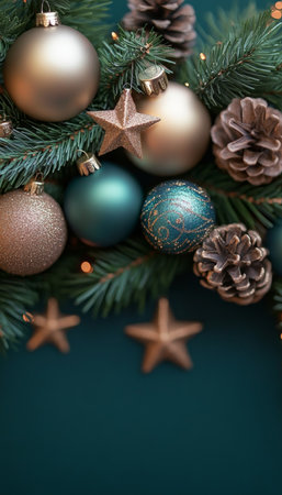 Joyful Christmas Celebration with Colorful Decorations, Stars, and Pine Cones for Holiday Cheerの素材