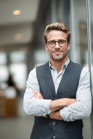 Confident Professional Lawyer Smiling Behind Glass Office in Modern Metropolis Settingの素材