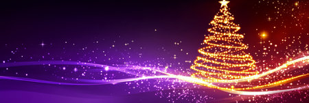 Festive Sparkling Holiday Design with Christmas Tree, Digital Background for Merry Xmas Greetingsの素材