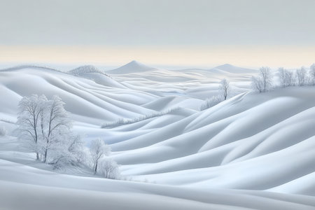 Serene Winter Landscape with Snow-Covered Hills and Majestic Mountains Under a Clear Blue Skyの素材
