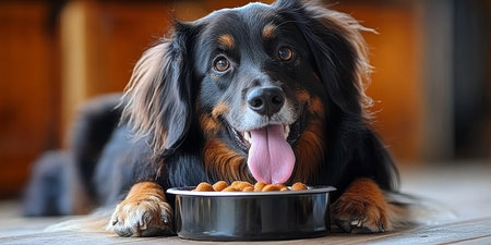 Close-up of a hungry dog lying on the floor behind its empty bowl, licking the groundの素材