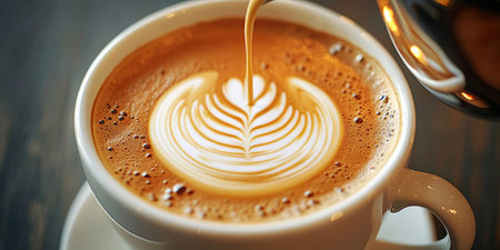 Close-up of Beautiful Coffee Art Fusion in a White Cup with Intricate Foamy Design and Aromaの素材