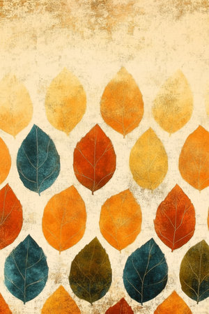 Vibrant Autumn Leaves Arrangement with Artistic Grunge Background for Creative Projects and Designsの素材