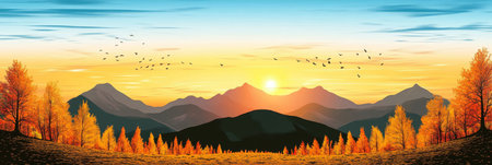Serene Landscape of Rolling Hills and Mountains at Orange Sunset with Migrating Birds and Treesの素材