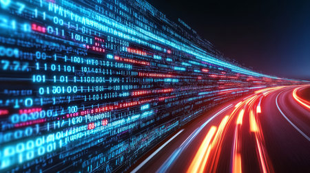 Futuristic Digital Information Network with Illuminated Highways and Speed Data Transmission Visualsの素材