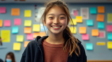 Portrait of a cheerful adolescent girl in a bright classroom expressing positive thoughts and ideasの素材