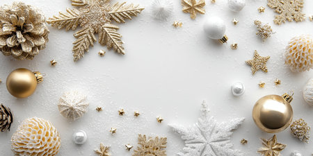 Elegant Gold and White Christmas Arrangement on Light Background Creating a Joyful Holiday Moodの素材
