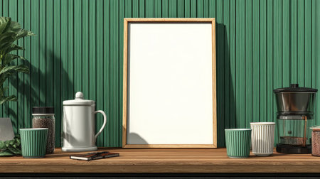 Stylish Cozy Kitchen Interior Featuring Poster Frame Mockup, Coffee Maker, and Green Decor Accentsの素材