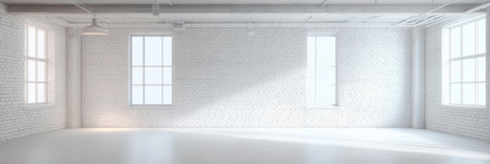 Spacious monochrome loft interior featuring bright white brick walls and ample natural sunlightの素材