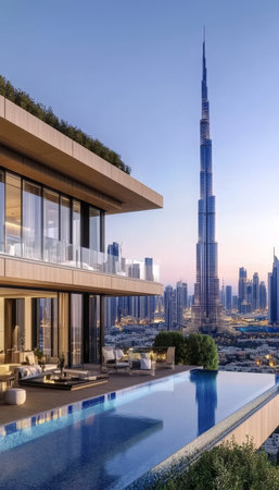 Luxury Villa Azure Dream Breathtaking Infinity Pool with Stunning Views of Dubai s Iconic Skylineの素材