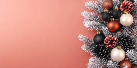 Glamorous Frosted Christmas Decor Featuring Pine Cones and Festive Ornaments on Orange Surfaceの素材