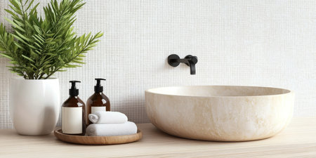Elegant modern bathroom countertop showcasing a stone vessel sink, soaps, and a potted plant decor.の素材