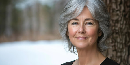 Charming Portrait of an Elderly Woman with Silver Hair in a Scenic Outdoor Setting, Exuding Beautyの素材
