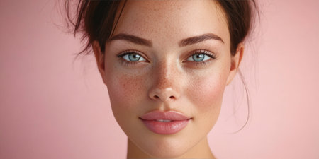Stunning Woman with Graceful Features and Attractive Makeup Against a Soft Pastel Backgroundの素材