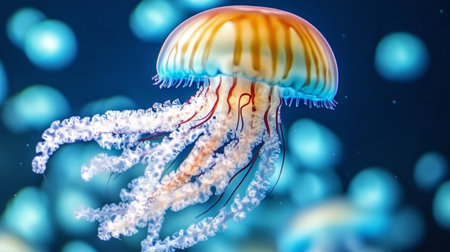 Otherworldly Jellyfish Dance in a Beautifully Illuminated Aquatic Realm Under the Oceanの素材