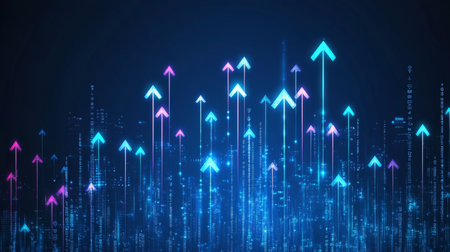 Futuristic digital artwork with neon arrows representing business growth and progress toward successの素材