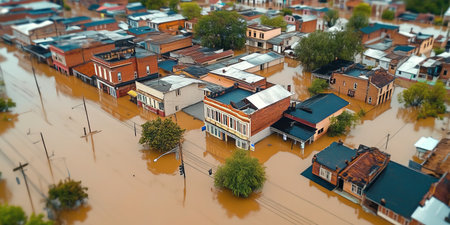 Aerial View of a City Devastated by Flooding, Highlighting Water Damage to Buildings and Roadsの素材