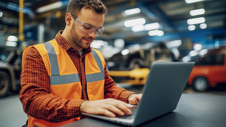 Automotive engineer with laptop inspecting vehicles in factory, analyzing data for maintenance tasksの素材
