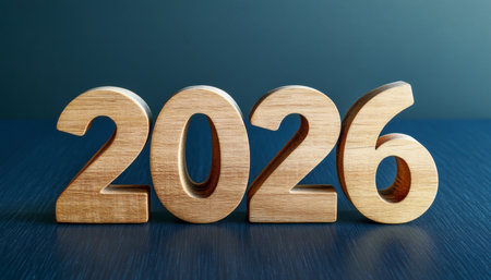 Colorful Wooden Number Blocks Forming the Year 2026 on a Navy Blue Surface for New Year Planningの素材