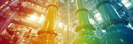 Abstract Industrial Landscape with Stylized Chemical Reactors and Intricate Pipe Systems Designの素材