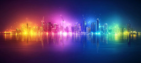 Colorful Futuristic Skyscraper Cityscape with Bright Construction Elements and Vibrant Reflectionsの素材