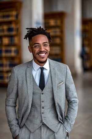 Confident and Stylish African American Professional Lawyer in Suit Smiling in Elegant Office Spaceの素材