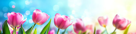 A breathtaking field of vibrant pink tulips in full bloom, illuminated by bright natural sunlight.の素材