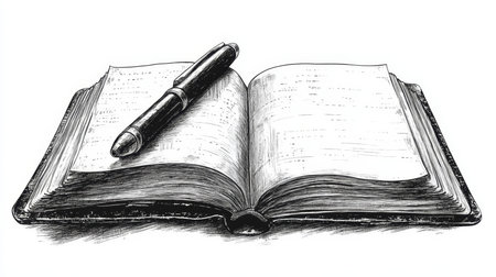 Artistic Sketchbook with a Pen Resting on Open Pages, Symbolizing Creativity and Educationの素材