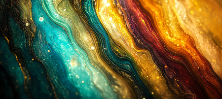 Fluid Art Composition Featuring Aqua Hues with Warm Accents and Gold Highlights for Vibrant Flowの素材